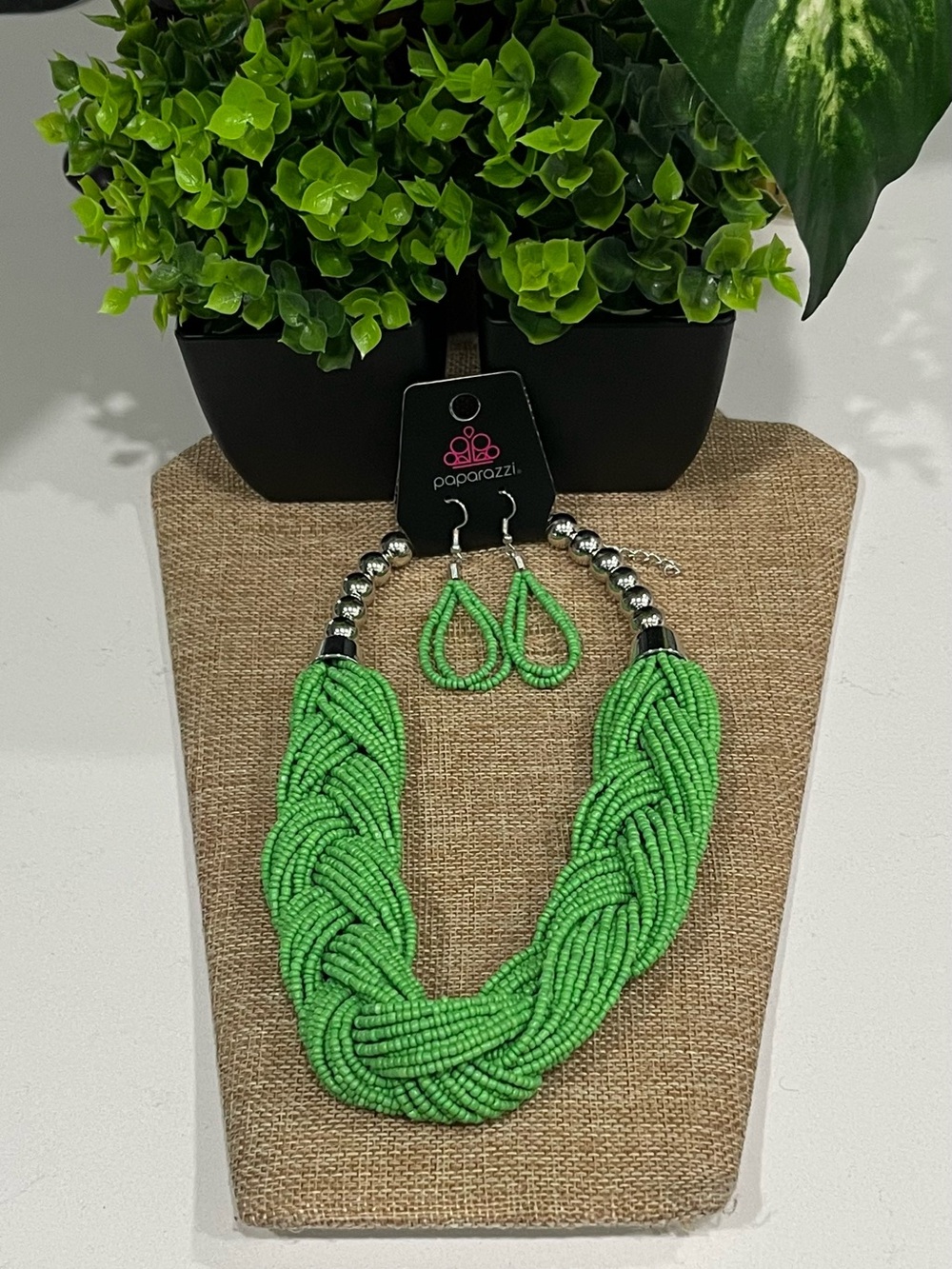 paparazzi Lime Green Braided Beaded Necklace with Matching Earrings